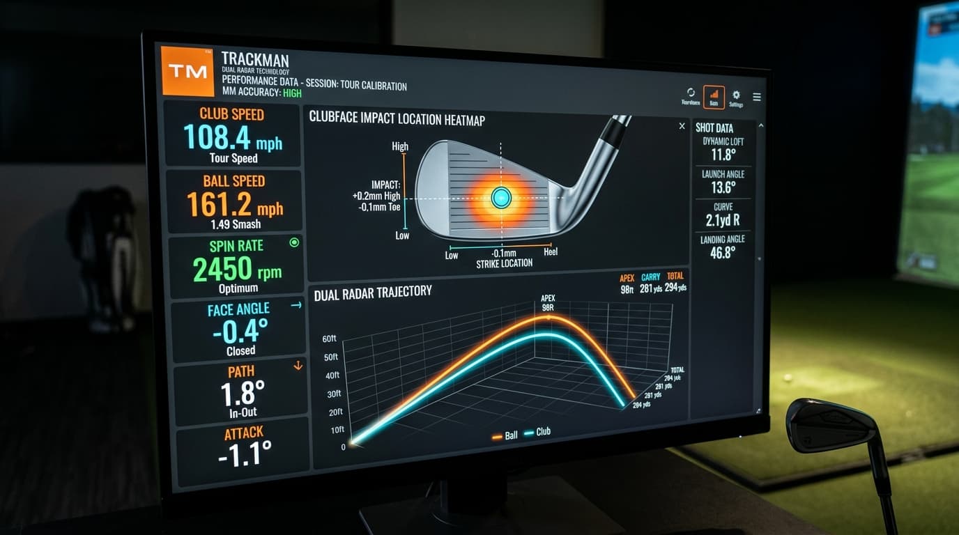TrackMan iO clubface impact heatmap and 3D radar trajectory telemetry screen