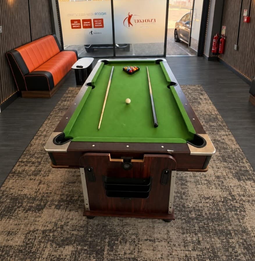 Tournament-spec English 8-ball match pool table inside Enzo Golf Guildford